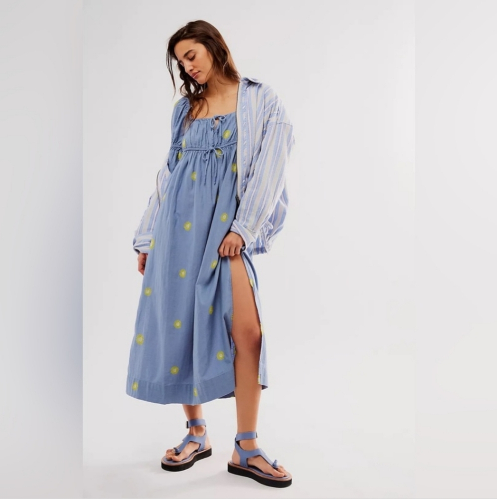Free People Emory Embroidered Cotton-Linen Blend Maxi Dress size L - Picture 4 of 10